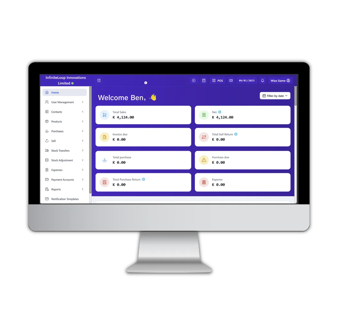 DoneDealPOS dashboard showing total sales, invoices, purchases and expenses